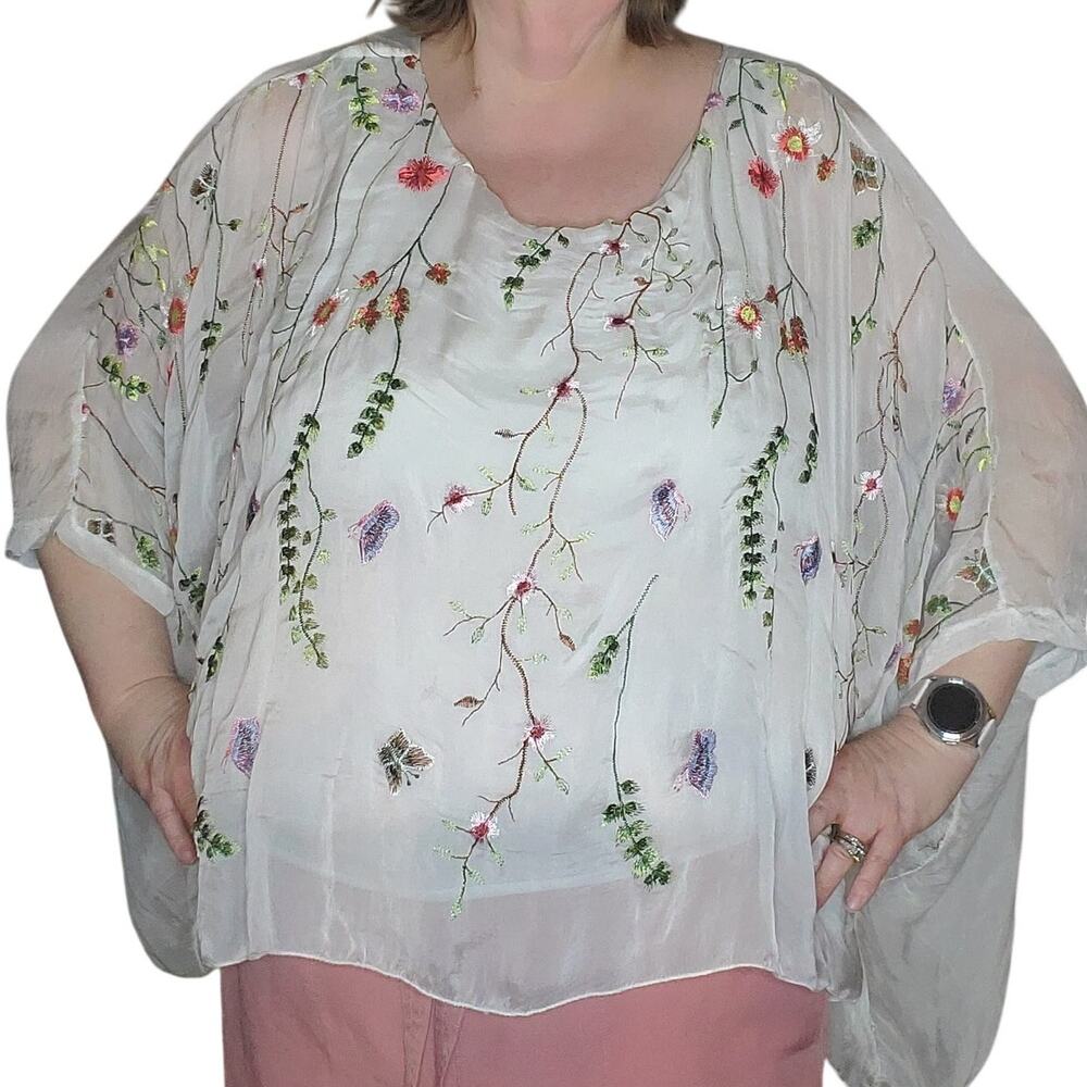 Belle France Silk Overlay Floral Embroidered Top XL White Dolman Boho NEW